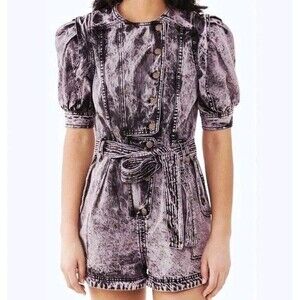 Ulla Johnson Purple Carmine Acid Denim Romper In Lilac Puff Sleeve Size 0